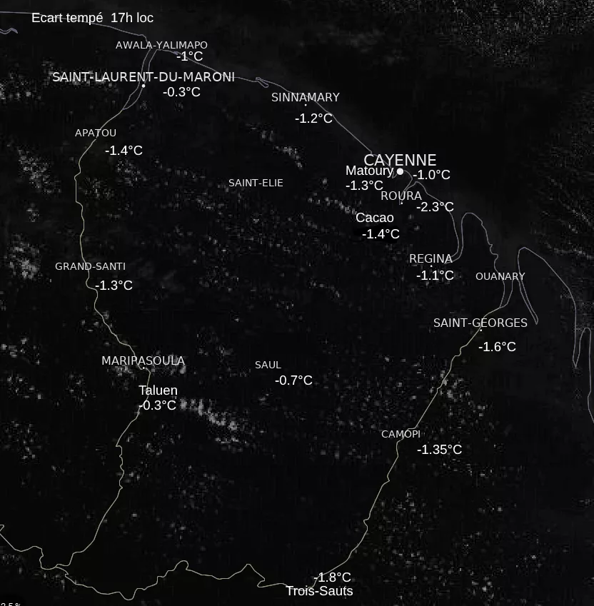 Représentation cartographique des températures en Guyane pendant l'éclipse solaire.