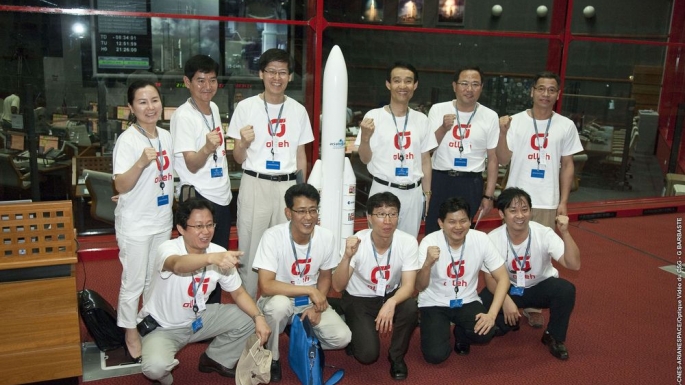 Les équipes de l'Agence spatiale coréenne devant le centre de contrôle Jupiter 2