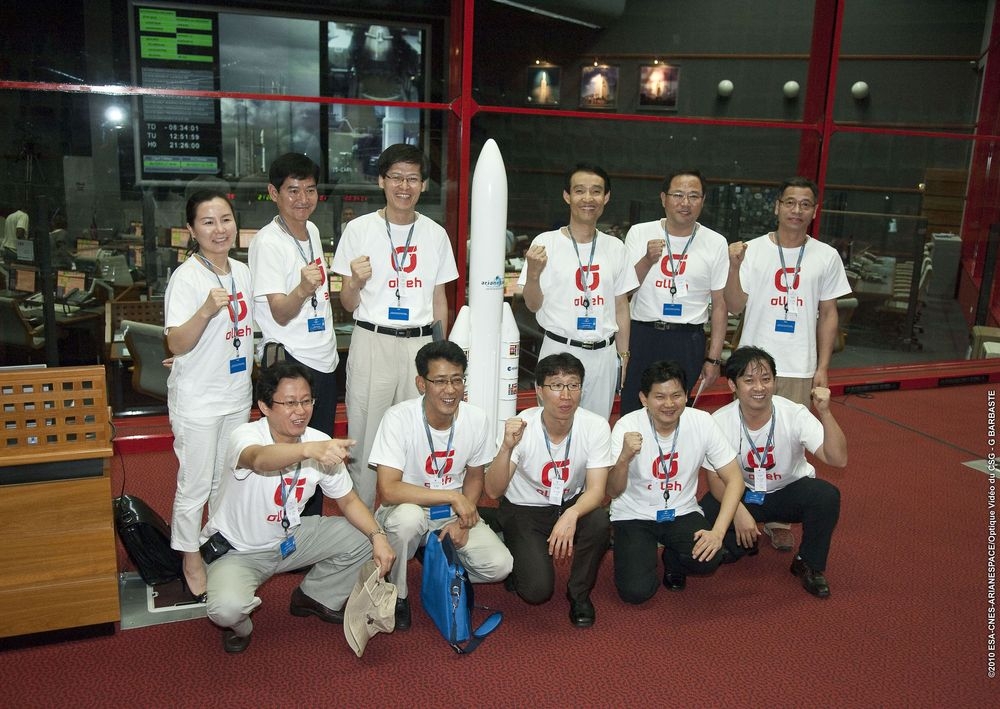 Les équipes Malaisiennes de Measat-3B posent devant la zone de lancement d'Ariane 5
