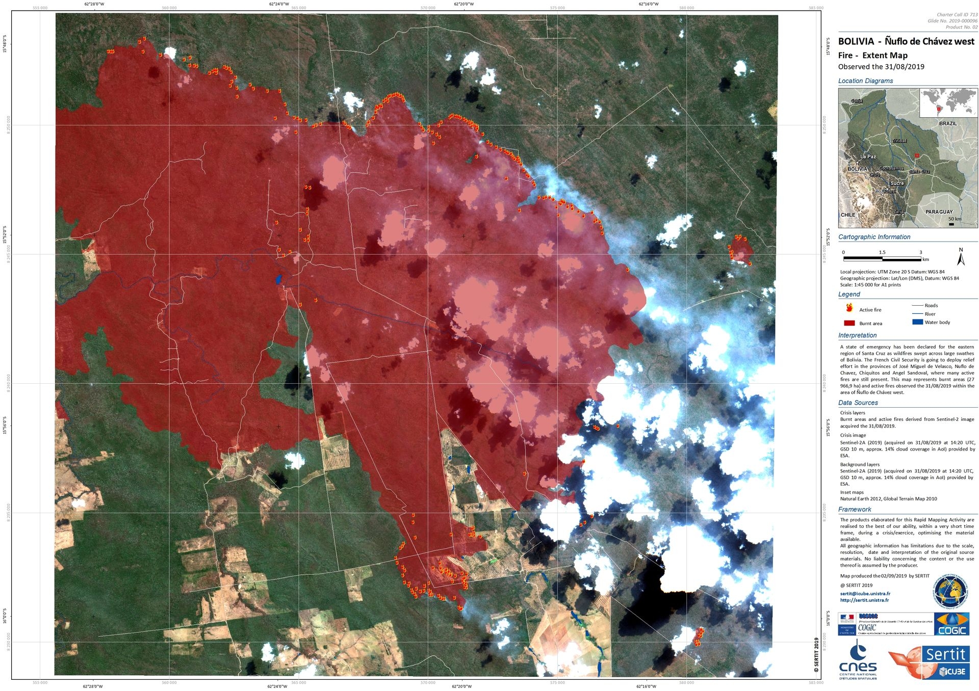 Cartographie par Sentinel 2 des feux de forêt en Bolivie en 2019