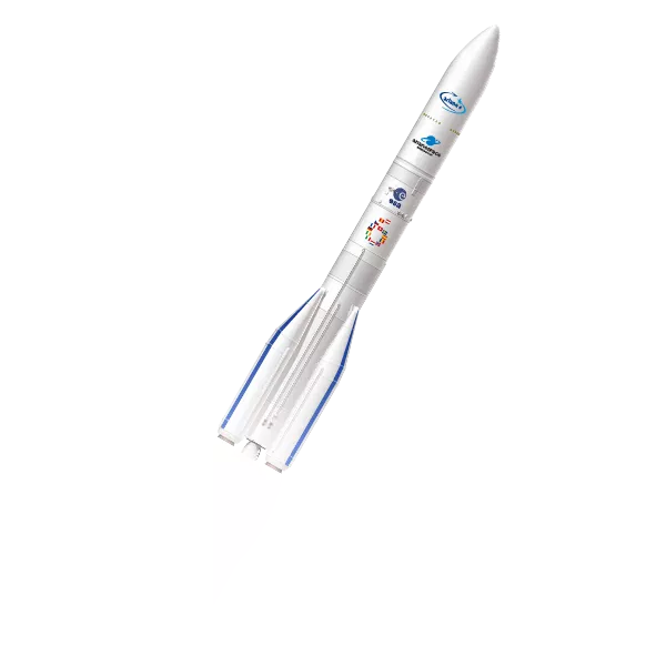 Image de synthèse du lanceur Ariane 6 en position inclinée à 45 % avec une traînée de fumée.