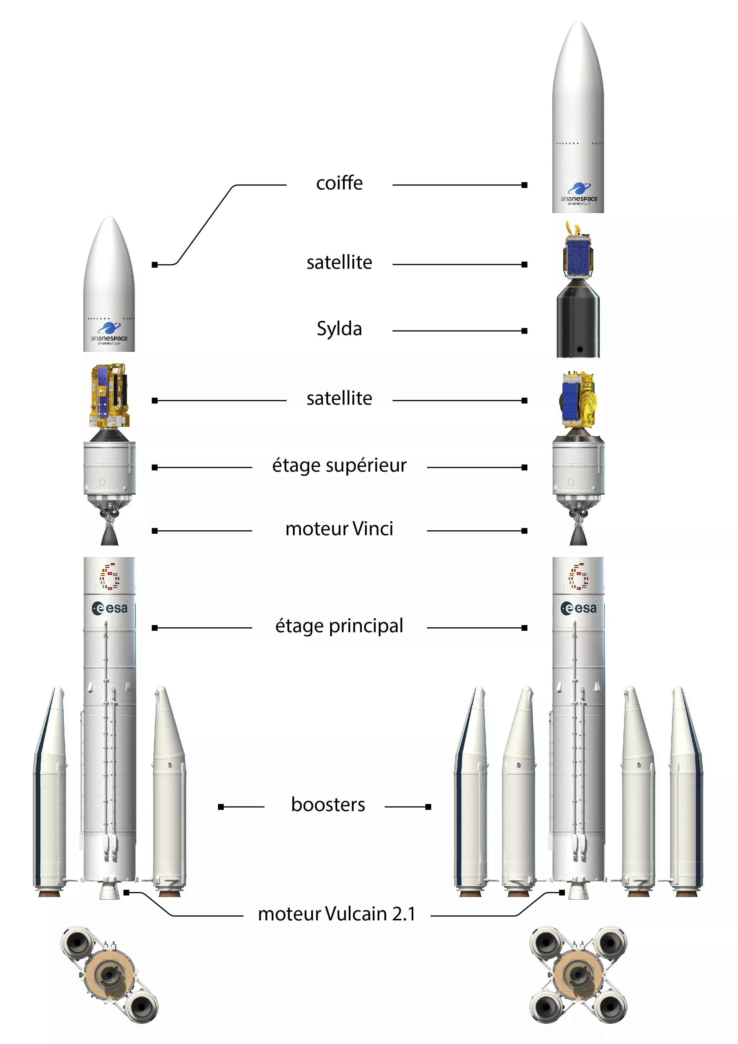 Représentation graphique des différents composants du lanceur Ariane 6.
