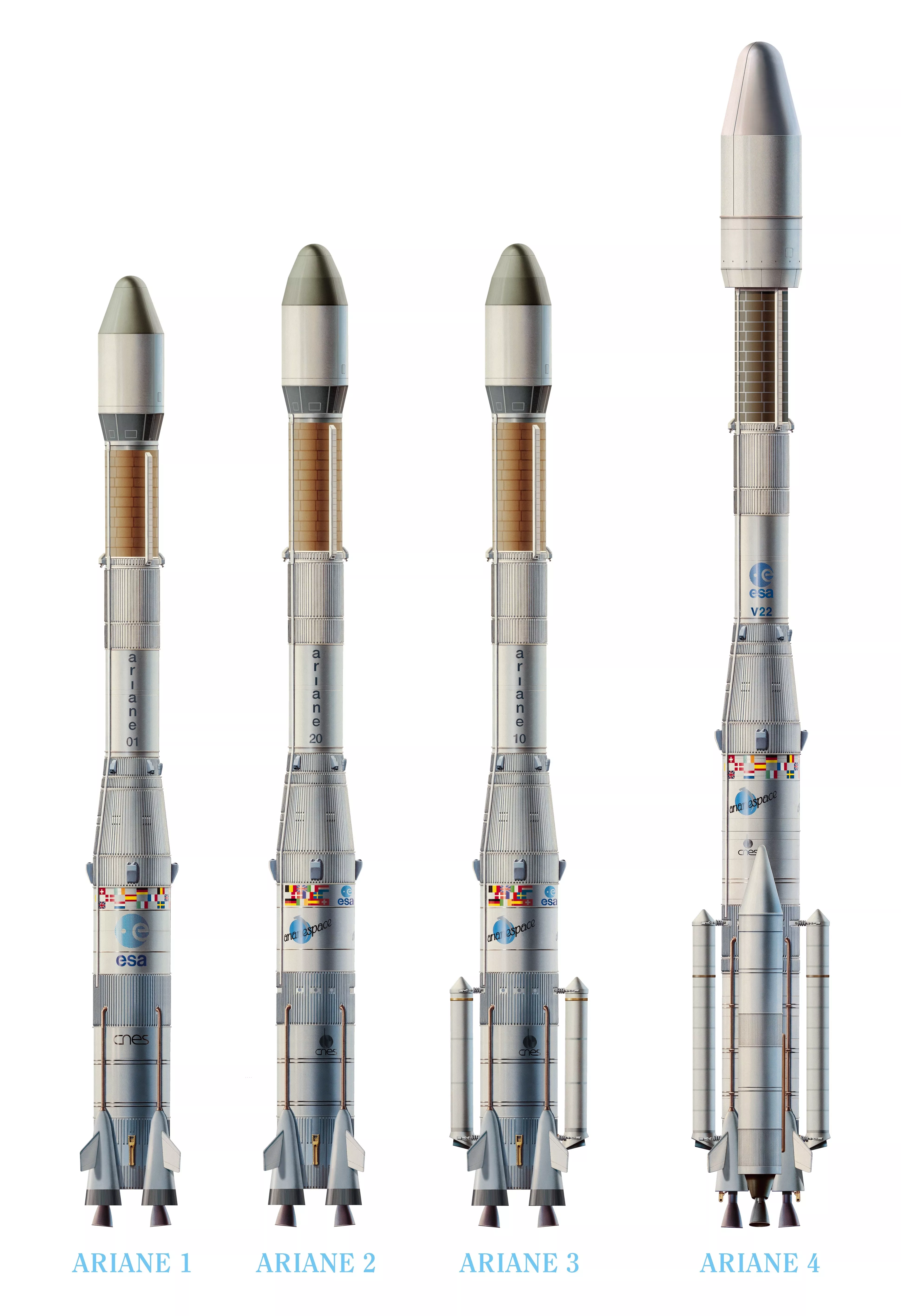 Maquettes des lanceurs Ariane 1, 2, 3 et 4.