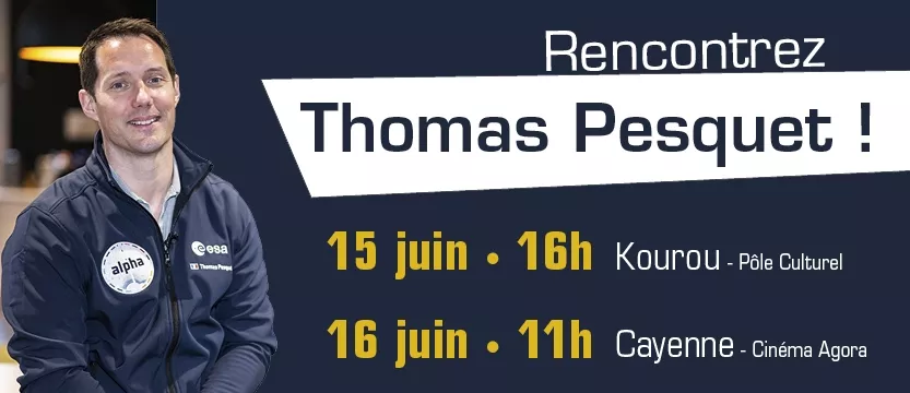 Un panneau annonce les conférences qui se dérouleront lors de la visite de l'astronaute français Thomas Pesquet.